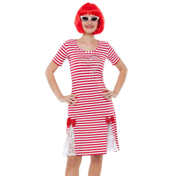 Ringel Kleid mit Punkte-Schleifen und Spitze rot-weiß